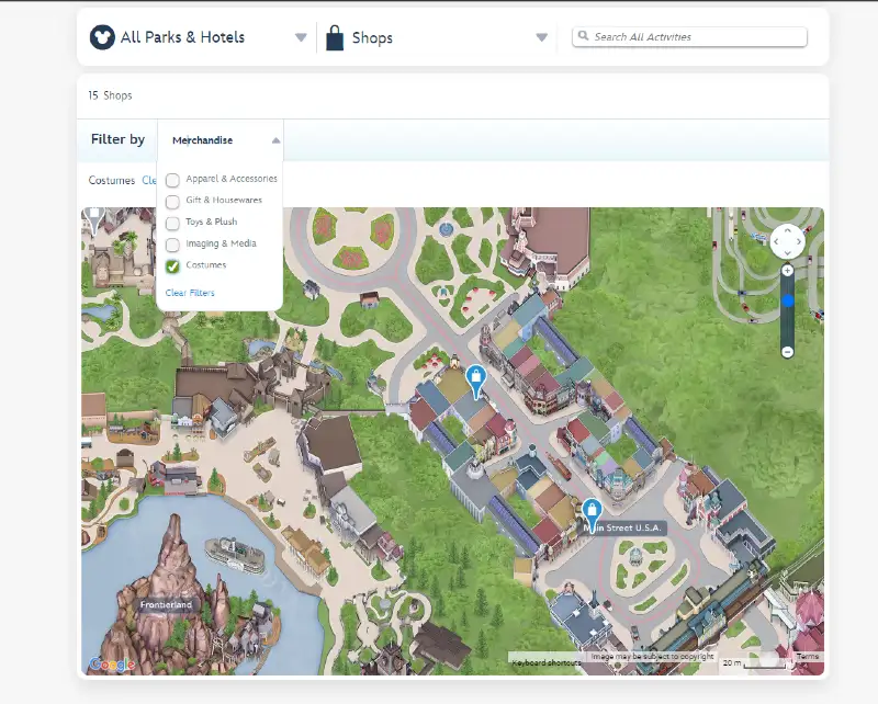 Filter by merchandise categories on the interactive map of Disneyland Paris